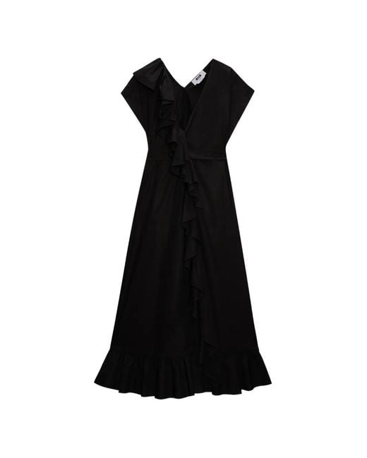 MSGM Black Ruffled V-Neck Dress