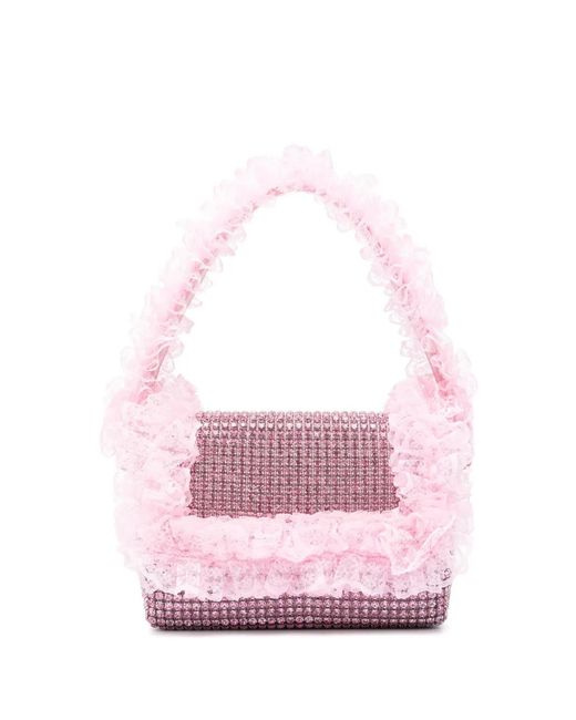 Self-Portrait Pink Crystal-Embellished Lace-Detail Shoulder Bag