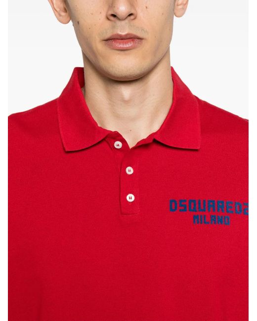 DSquared² Red Dyed Logo-Patch Polo Shirt for men