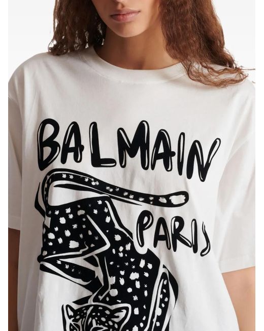 Camiseta con estampado de leopardo Balmain de color White