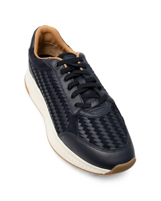 Boss Blue Woven-Panel Leather Sneakers for men