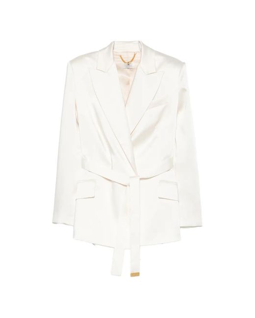 Elisabetta Franchi White Belted Satin-Finish Blazer