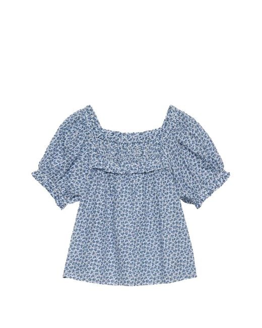 Doen Blue Blouse Froncée Frances À Fleurs