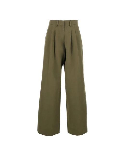 PT Torino Green Pleated Wide-Leg Linen Trousers
