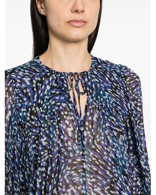 Isabel Marant Blue Abstract Pattern Semi-Sheer Blouse With Keyhole Detail