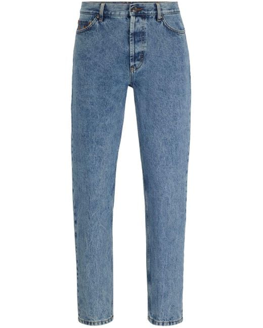 HUGO Blue Flame-embroidered Tapered Jeans for men
