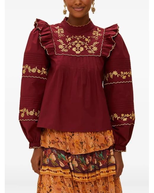 Farm Rio Ruffled Embroidered Top
