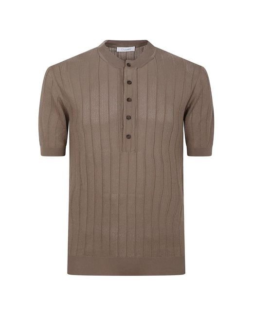 Cruciani Brown Ribbed-Knit Short-Sleeve Polo Shirt for men