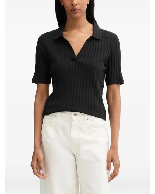 Marc O' Polo Black Ribbed-Knit Polo-Collar Top