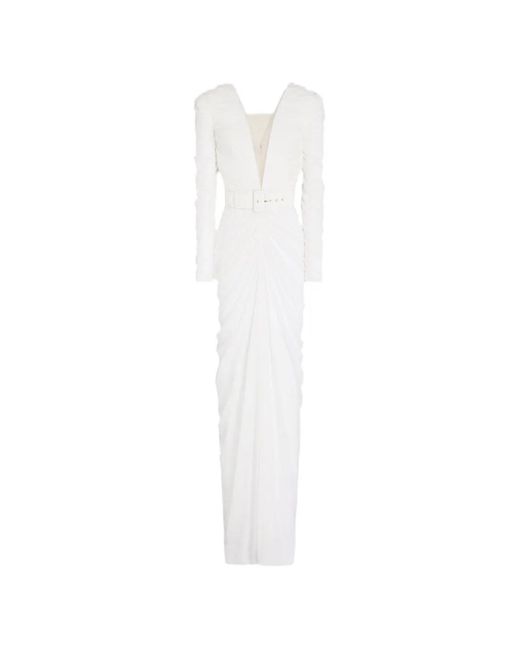 Rhea Costa White Ruched Belted Gown Maxi Dress