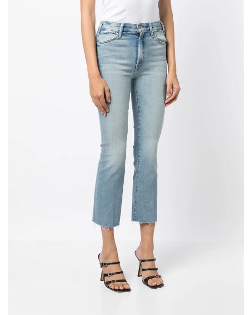 Mother Blue Denim Flared Cropped Trousers