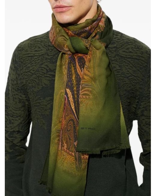 Etro Green Paisley-Print Fringed Scarf for men