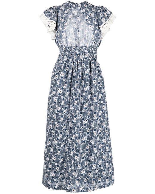 Sea Blue Josefine Floral-print Flutter-sleeve Dress