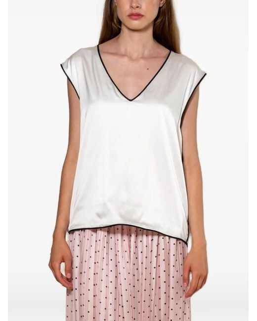 Styland White Piped-Trim Silk Blouse