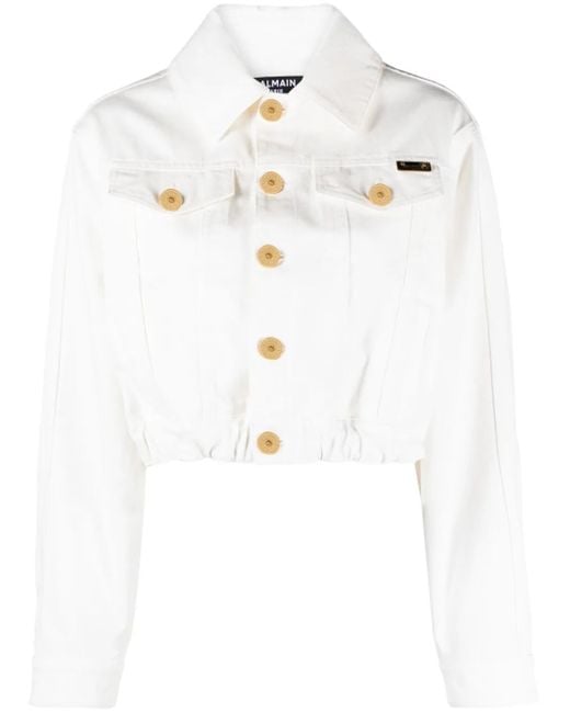 Balmain White Klassische Cropped-Jeansjacke