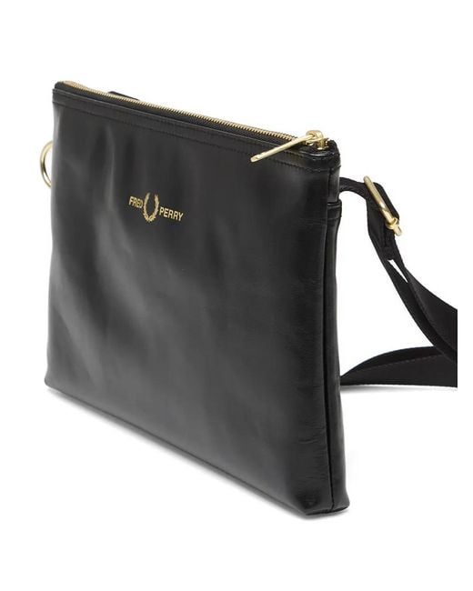 Fred Perry Black Leather Messenger Bag for men