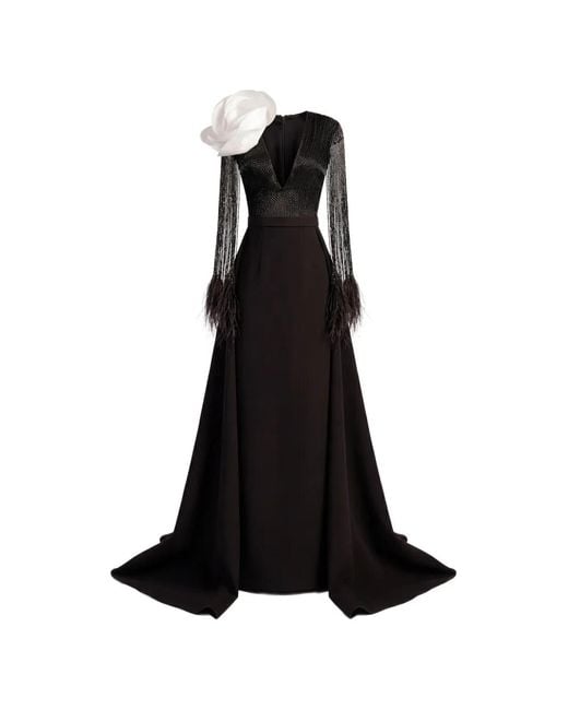 Gatti Nolli by Marwan Black Flower-Detail Fringed Mermaid Gown