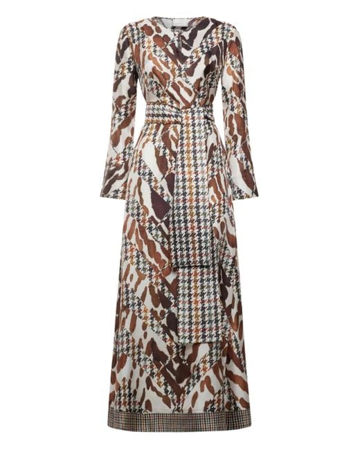 Pierre Louis Mascia Brown Houndstooth-Pattern Animal-Print Maxi Dress