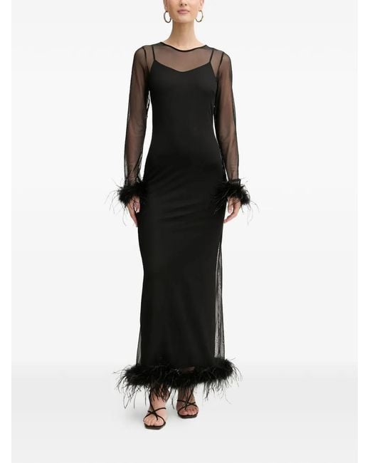 Never Fully Dressed Feather-Trim Long-Sleeve Maxi Dress in Black | Lyst