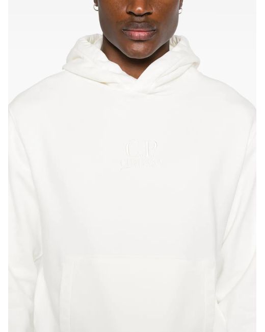 C P Company White Embroidered-Logo Cotton Hoodie for men