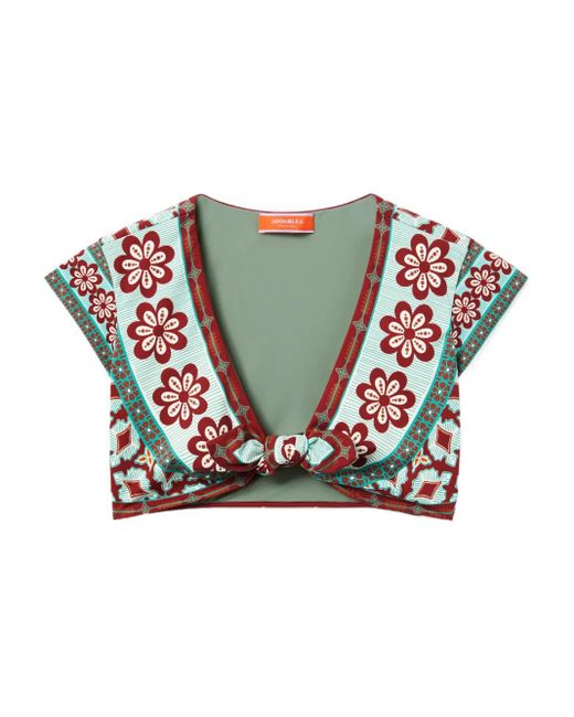 LaDoubleJ Green Bardot Floral-Print Tie-Front Top