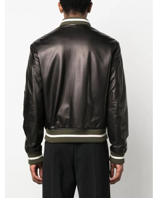 Roberto Cavalli Black Leather Monogram-Patch Bomber Jacket for men