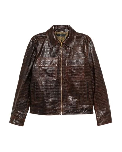 Amiri Brown Crocodile-effect Leather Jacket for men