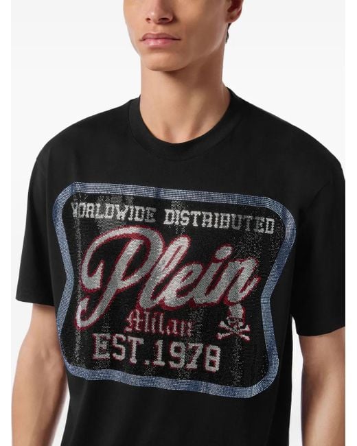 Philipp Plein Black Round Neck T-Shirt Patch Plein Milan for men