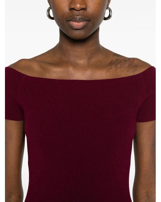 Bompard Purple Bardot Flared Knitted Midi Dress