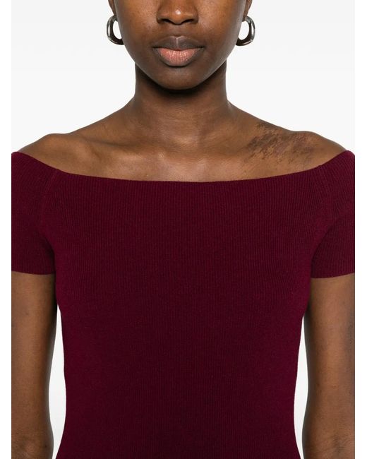 Bompard Purple Bardot Flared Knitted Midi Dress