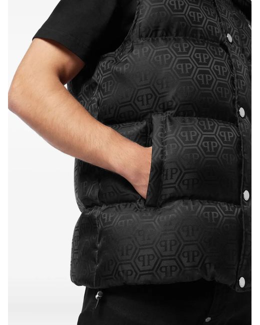 Philipp Plein Black Nylon Down Vest Monogram for men