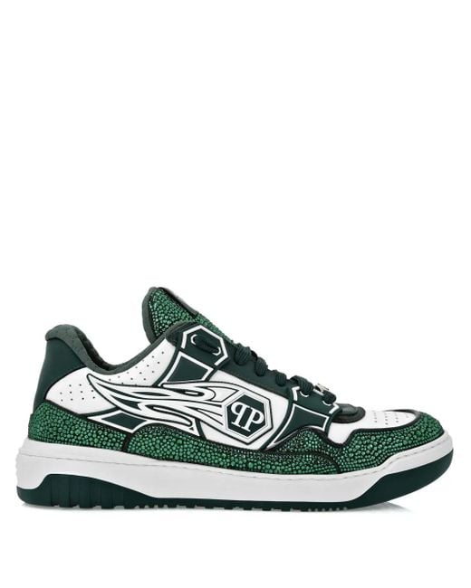 Philipp Plein Green Leather Low-Top Sneakers Moon Walker for men
