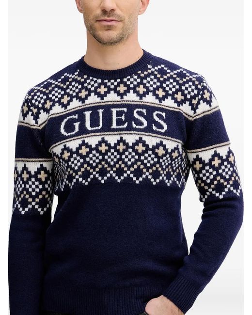 Guess Blue Fair Isle Round Neck Sweater for men