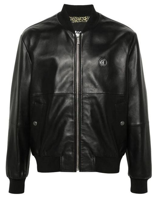 Just Cavalli メンズ ブラック レザー ボンバージャケット