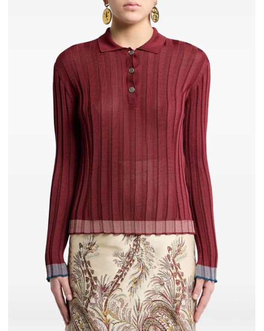 Etro Red Ribbed Polo Top