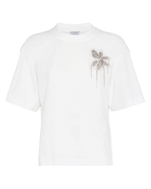 Brunello Cucinelli White T-Shirt mit Perlen