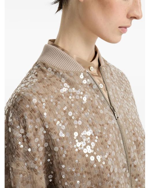 Brunello Cucinelli Brown Sequin-Embroidery Bomber Jacket