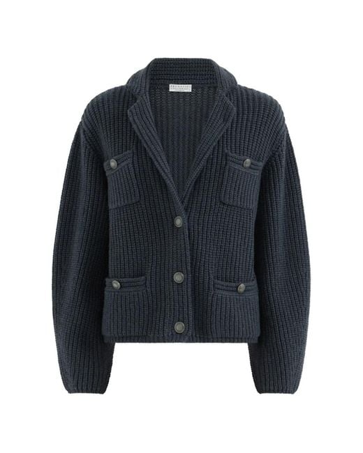 Brunello Cucinelli Blue Cashmere Feather Yarn English Rib Cardigan