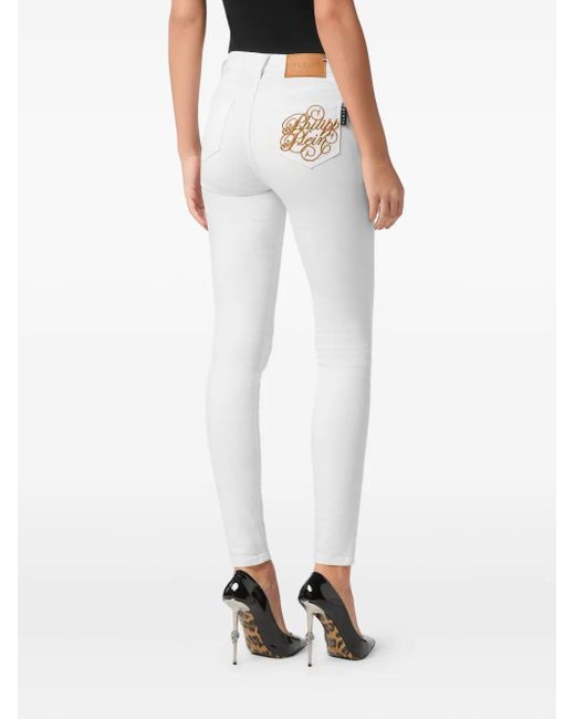 Philipp Plein White Denim High Waist Jegging Logo