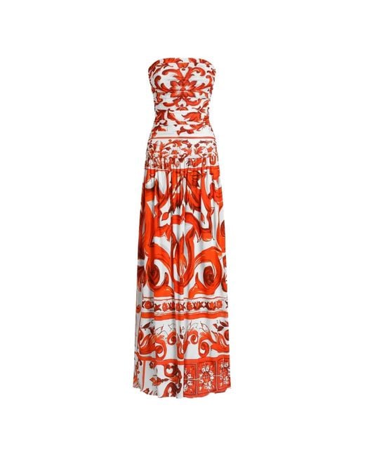 Dolce & Gabbana Red Majolica-Print Organzine Long Dress