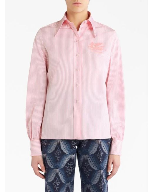 Etro Pink Logo-Embroidered Striped Cotton Shirt