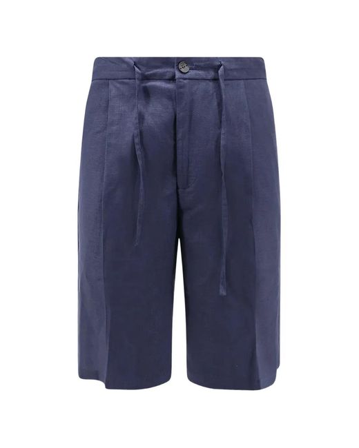 Hevò Blue Drawstring Pleated Linen Shorts for men