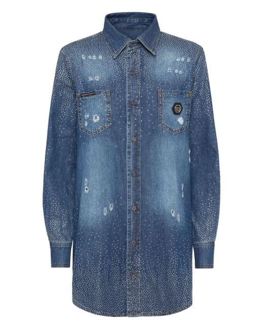 Philipp Plein Blue Rhinestone-Embellished Shirt