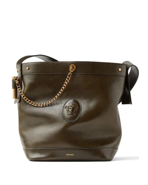 Versace Brown Pivot Large Leather Bucket Bag