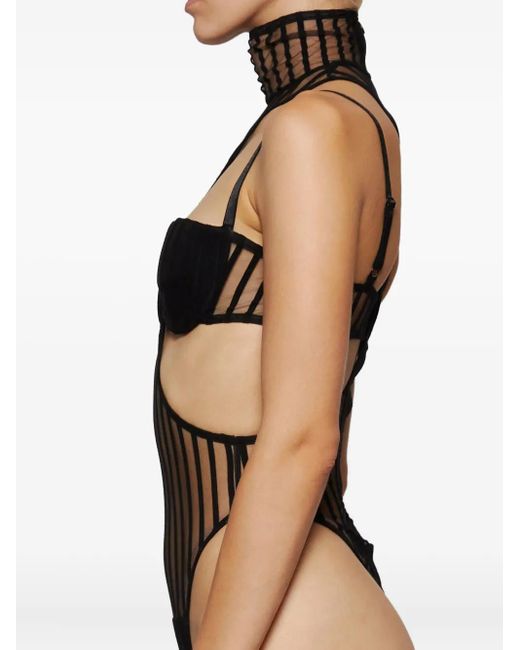 LAQUAN SMITH Black Mock-Neck Striped Bodysuit