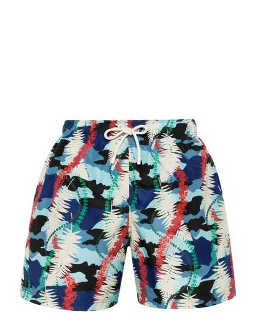 Palm Angels Blue Leaf-print Swim Shorts for men