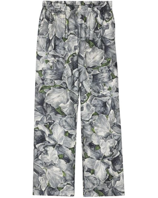 sunflower Gray Floral-print Silk Trousers for men