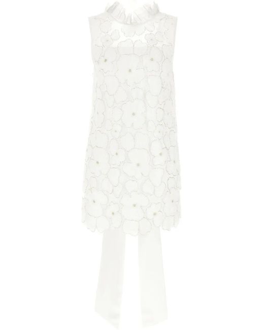 Self-Portrait White Dress With Floral Embroidery And Bow Detail
