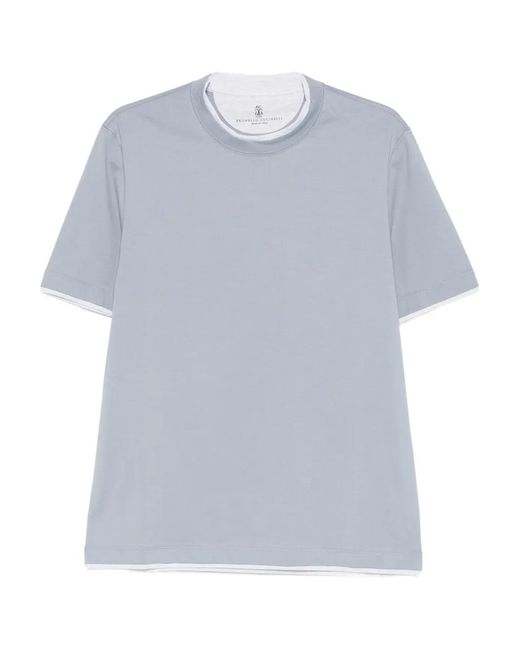 Brunello Cucinelli Blue T-Shirt À Bords Contrastants for men