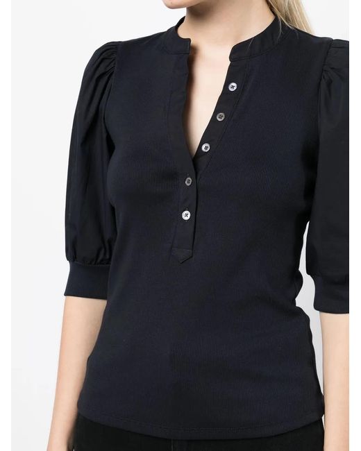 Veronica Beard Black Button-Up Puff Sleeves Top